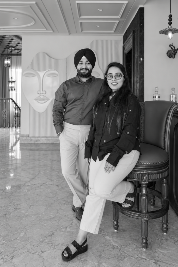 elegant couple in a monochrome luxury interior
